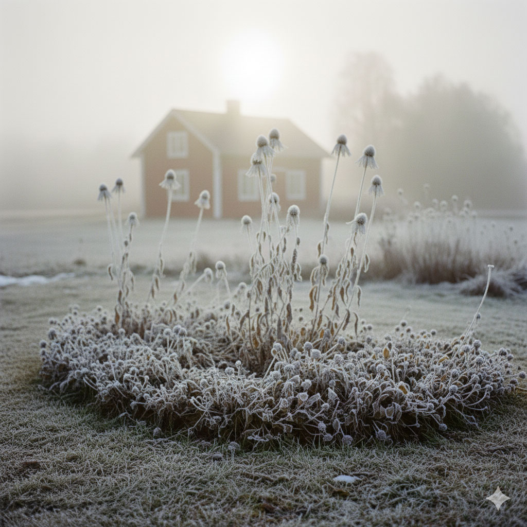 Frostiga perenner och Echinacea pallida i en upphöjd rabatt under en disig vårmorgon, med en röd stuga i bakgrunden.