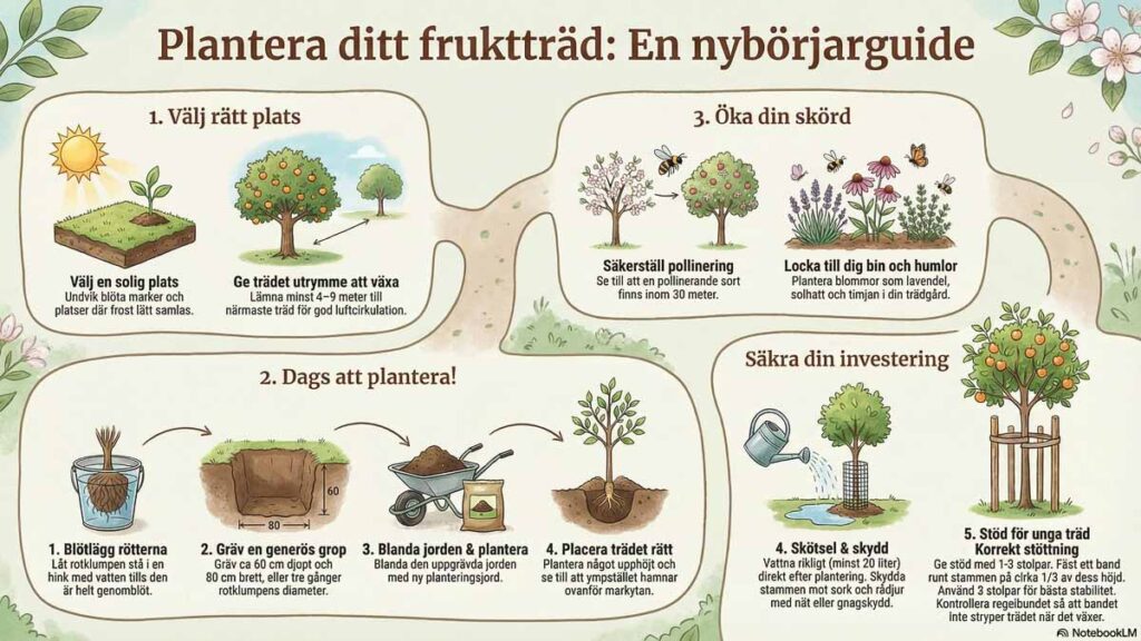 En illustrerad guide från Ekmans Handelsträdgård om plantering av fruktträd, inklusive tips om gropens djup, jordförbättring och vattning