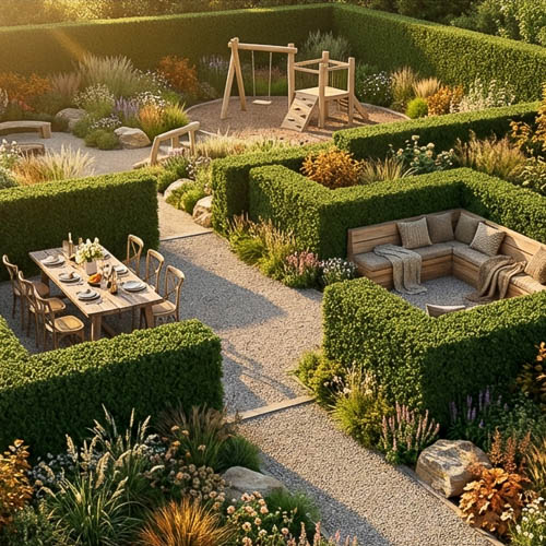 AI genererad bild av en vacker trädgård uppdelade i olika rum av häckplantor