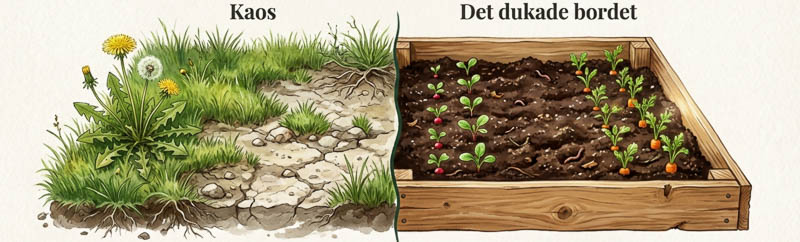 AI genererad illustration av en markbyt och bredvid en ordningsam pallkrage