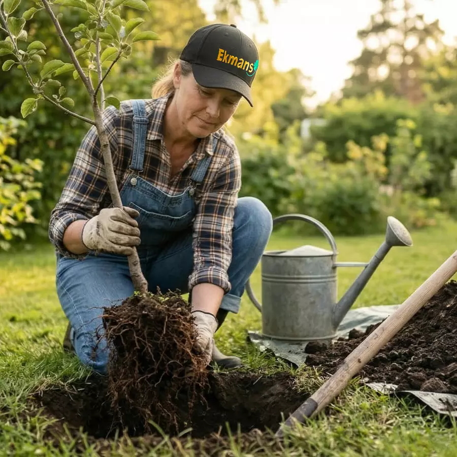 En AI skapad bild där en kvinna som plantera ett äppelträd. Ekmans keps.